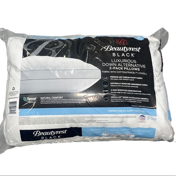 Beautyrest Black Luxurious Down Alternative Pillow, 2-Pack, Queen 400 Thread Ct - Picture 2 of 11